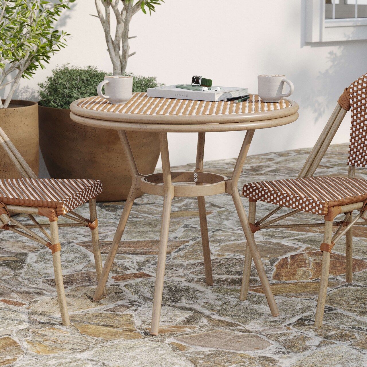 Merrick Lane Celia Bistro Style Table with Tempered Glass Top, PE Rattan, and Bamboo Finished Metal Frame for Indoor/Outdoor Use